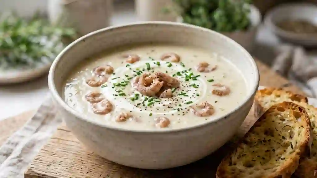 Velouté d'endives onctueux et crevettes grises - Photo de présentation