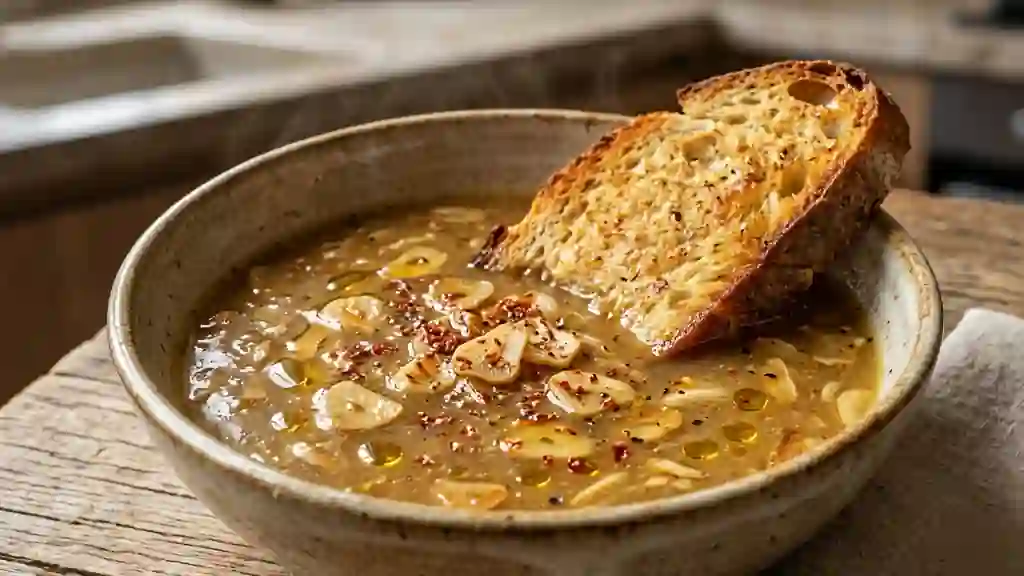 Bouillon aillé au piment d'Espelette et pain grillé - Photo de présentation