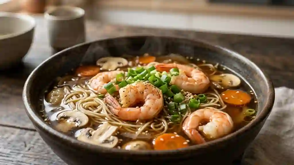 Bouillon gingembre, crevettes et nouilles fines - Photo de présentation