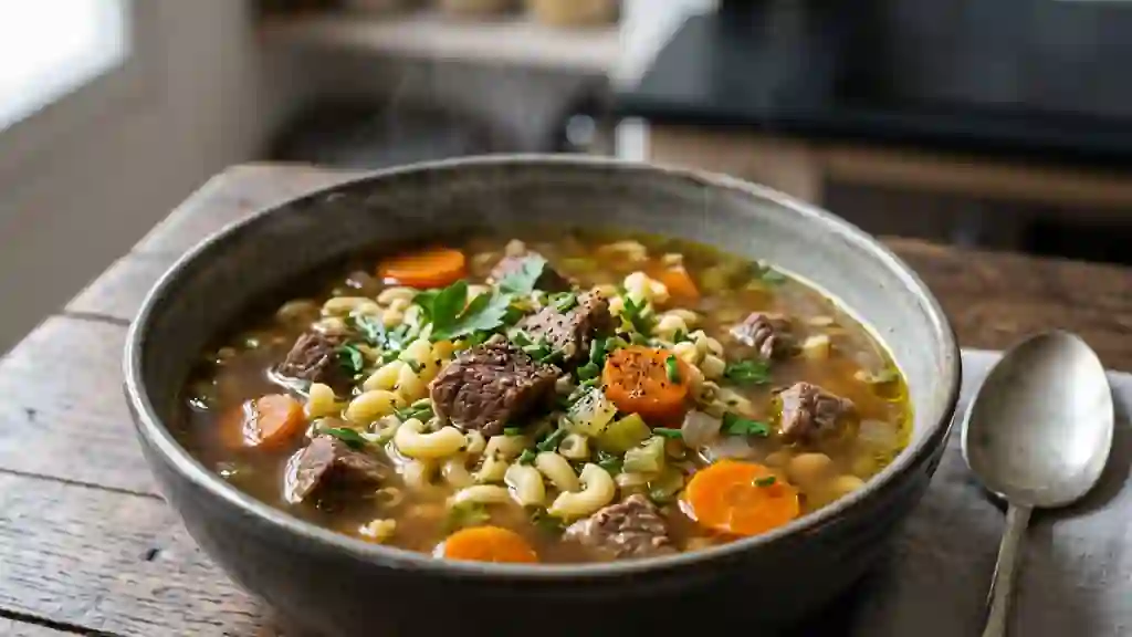 Soupe de bœuf aux coquillettes fondantes - Photo de présentation