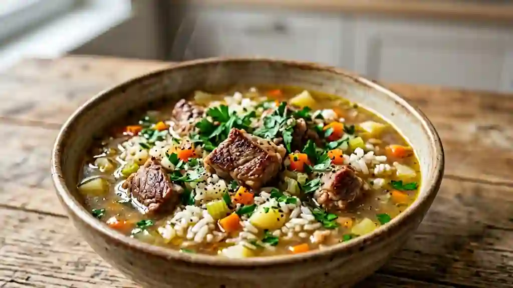 Soupe d'agneau fondante au riz et légumes - Photo de présentation