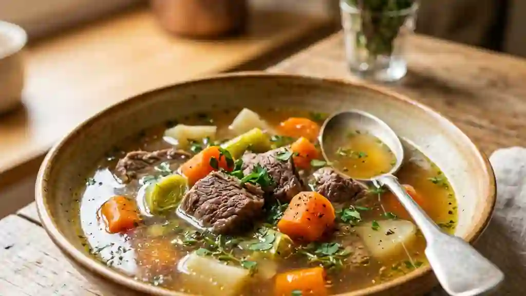 Bouillon de pot-au-feu limpide et parfumé - Photo de présentation