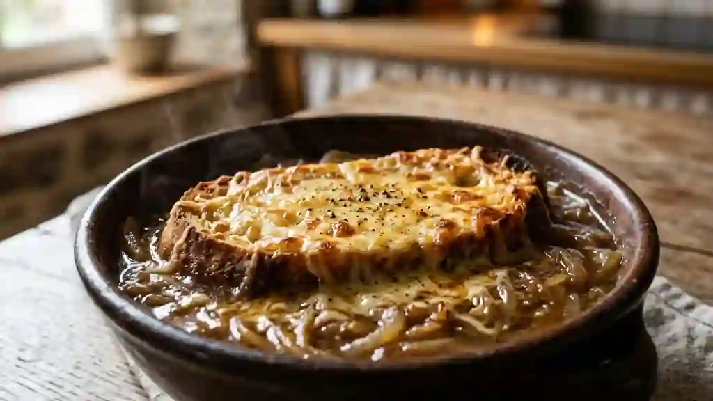 Soupe à l'oignon gratinée et fondante - Photo de présentation