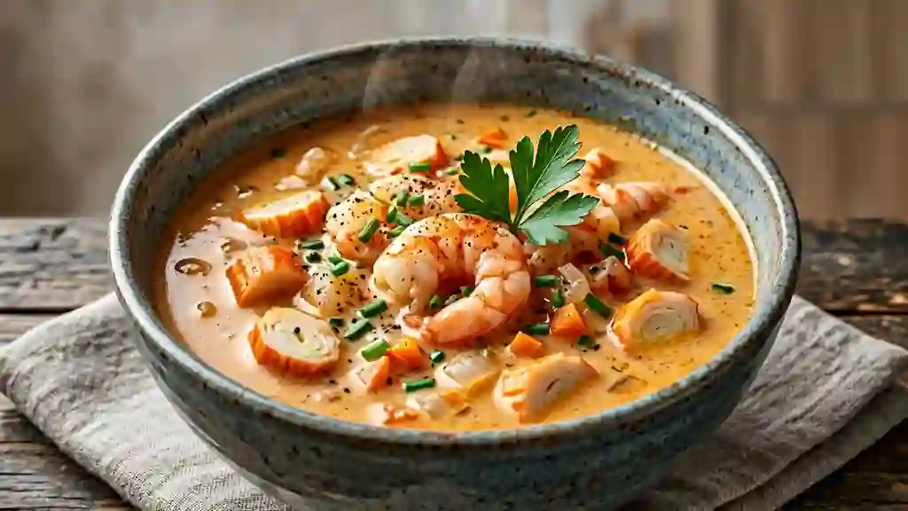 Soupe crémeuse aux crevettes et surimi au paprika - Photo de présentation