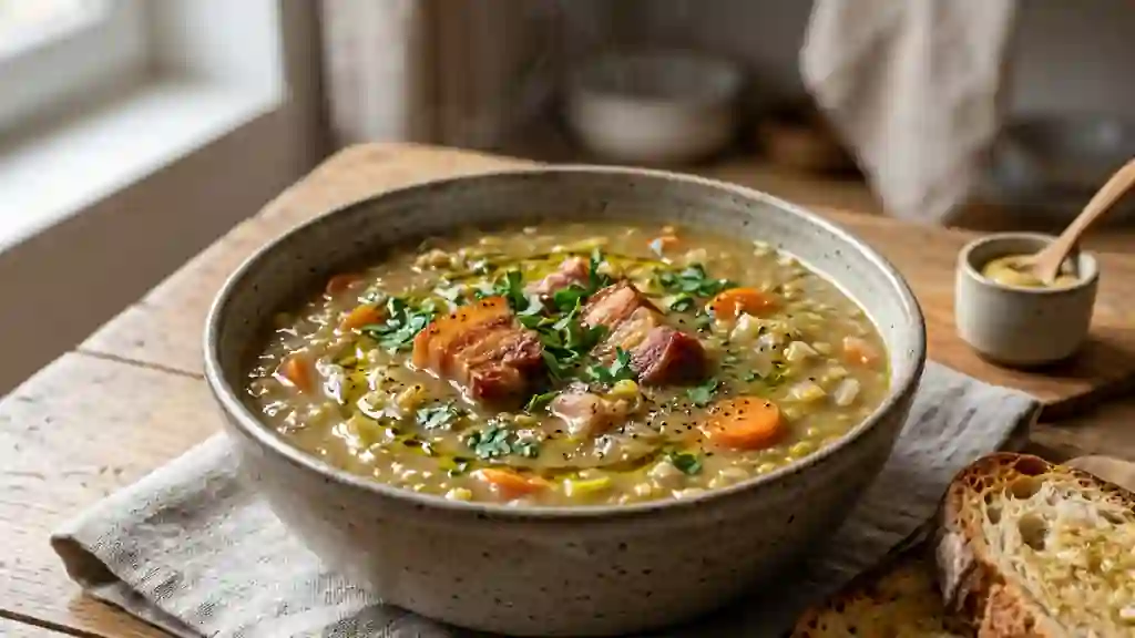 Velouté rustique de pois cassés et petit salé - Photo de présentation
