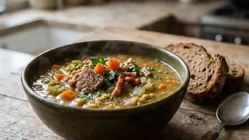 Erwtensoep : Velouté rustique aux pois et porc - Photo de présentation