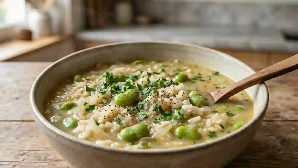 Soupe de fèves fondantes et riz au persil - Photo de présentation