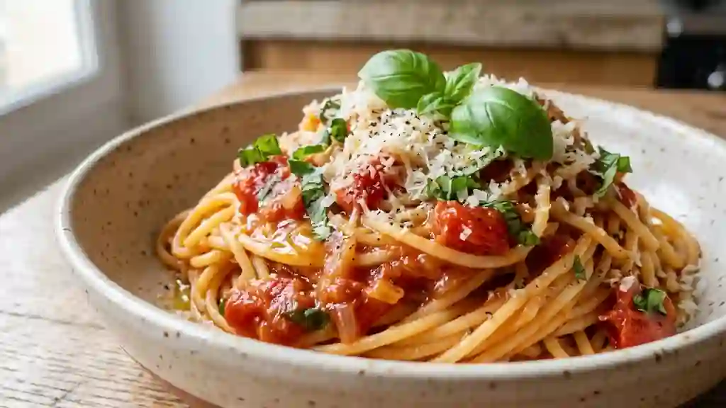 Spaghetti napolitaine fondants au basilic frais - Photo de présentation