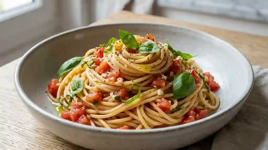 Spaghetti al dente, sauce tomate fraîche et ail - Photo de présentation
