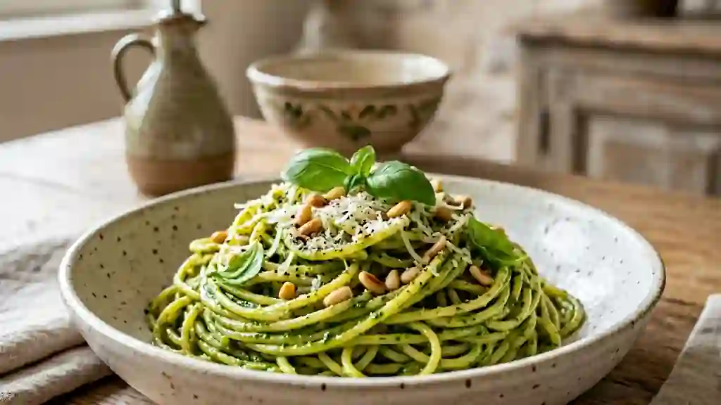 Spaghetti Crémeux au Basilic et Pignons - Photo de présentation