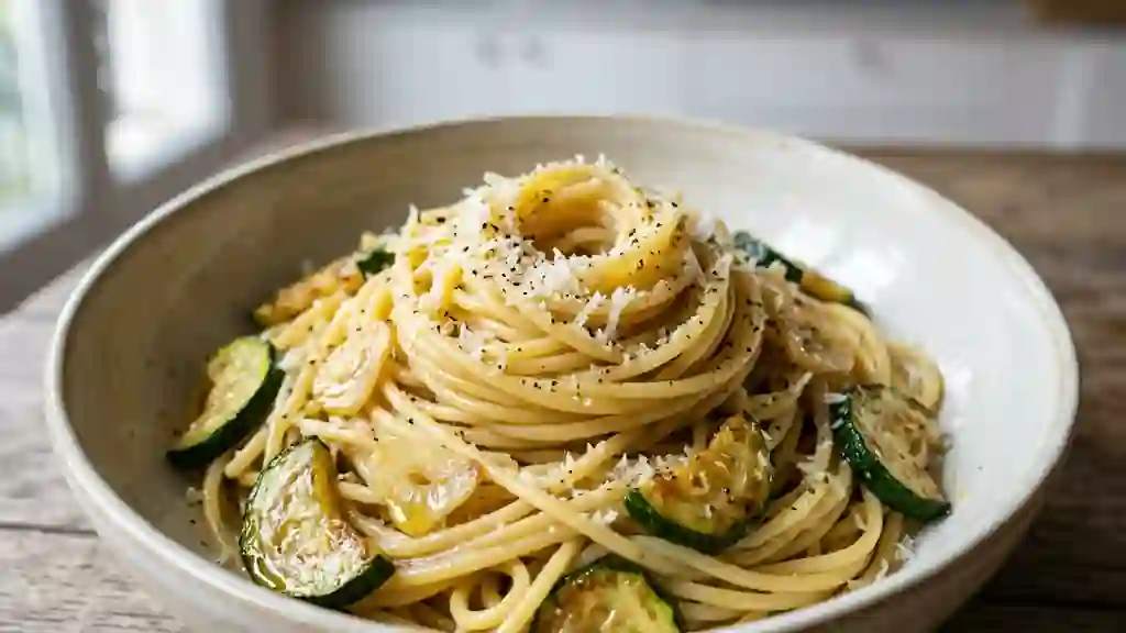 Spaghetti al dente, ail doré et courgettes - Photo de présentation