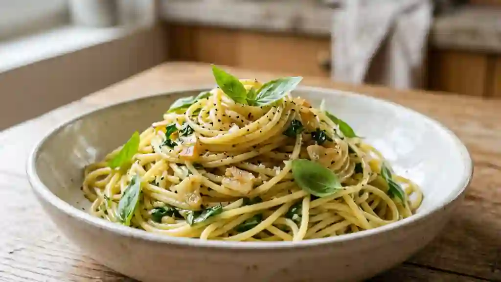 Spaghetti al dente à l'ail et basilic frais - Photo de présentation