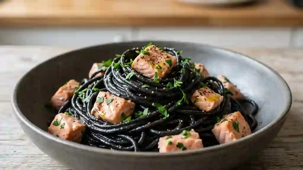 Spaghetti à l'encre de seiche et truite fondante - Photo de présentation