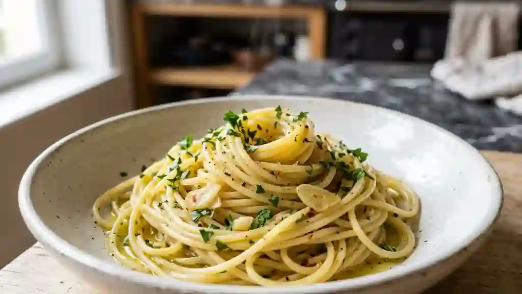 Spaghetti Aglio e Olio fondants et parfumés - Photo de présentation