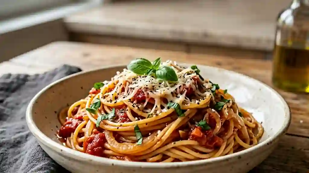 Spaghetti al dente à la tomate et basilic - Photo de présentation