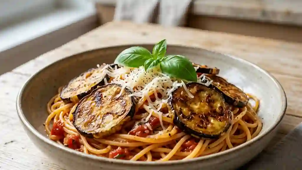 Spaghetti fondants aux aubergines dorées - Photo de présentation
