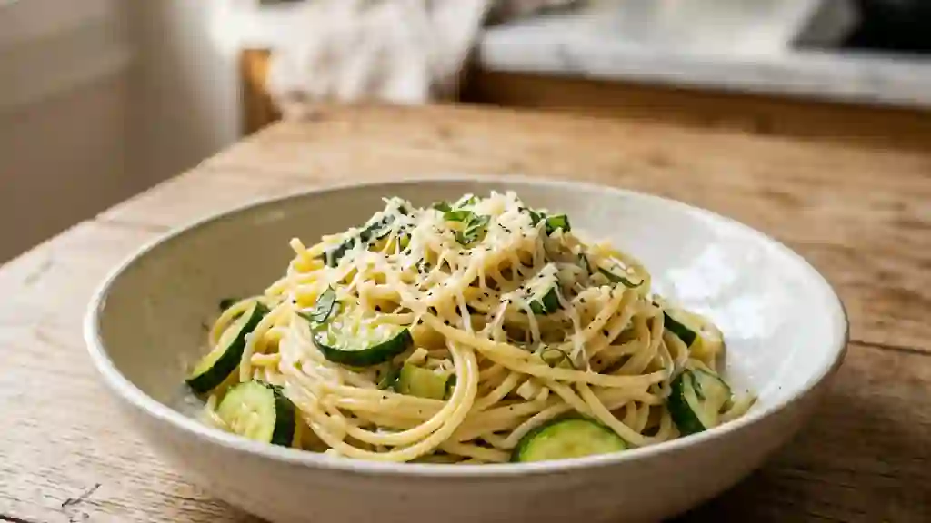 Spaghetti ail, courgettes et parmesan fondant - Photo de présentation