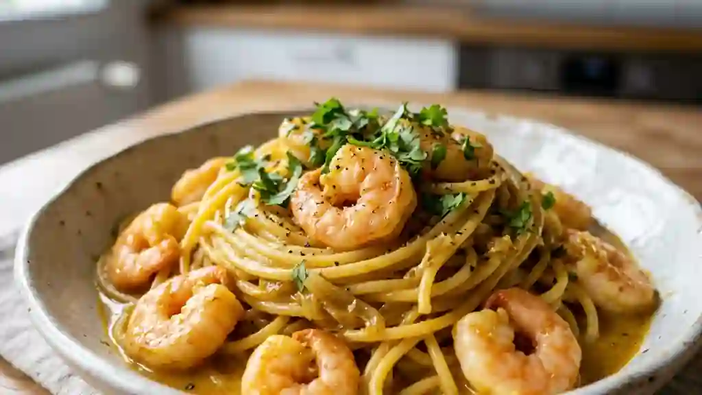 Spaghetti onctueux crevettes et curry - Photo de présentation