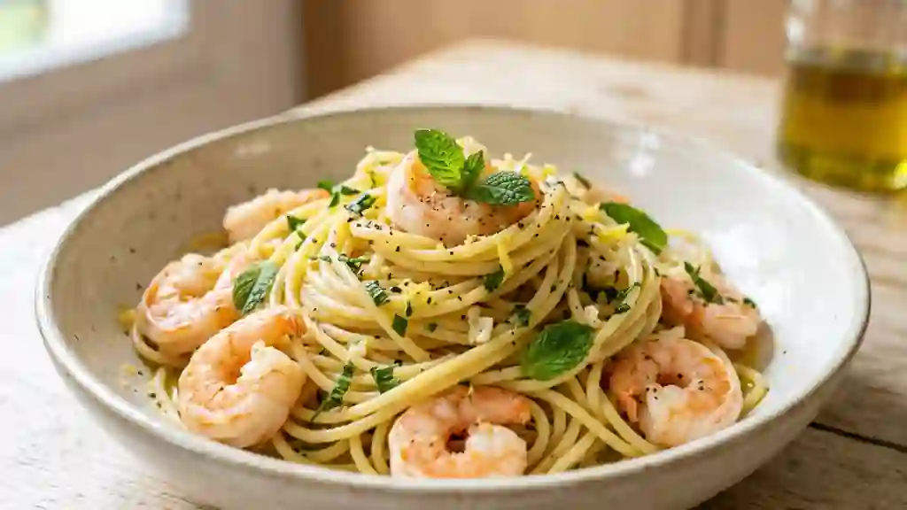 Spaghetti aux crevettes, ail et menthe fraîche - Photo de présentation