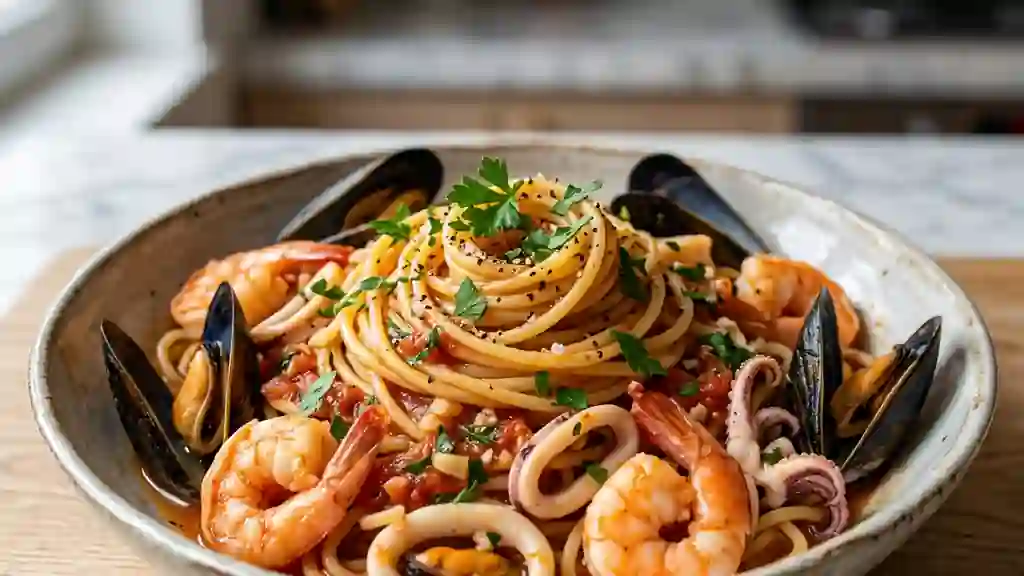Spaghetti iodés aux fruits de mer et ail - Photo de présentation