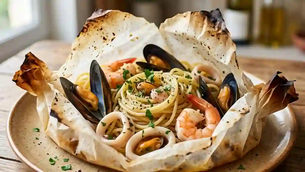 Spaghetti aux fruits de mer, infusion iodée - Photo de présentation