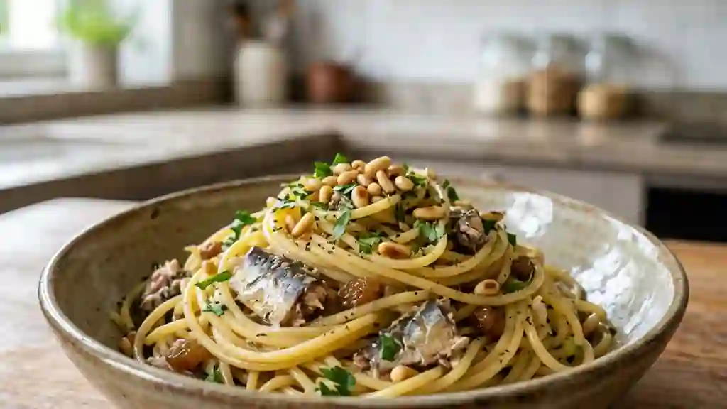 Spaghetti siciliens sardines et pignons croquants - Photo de présentation