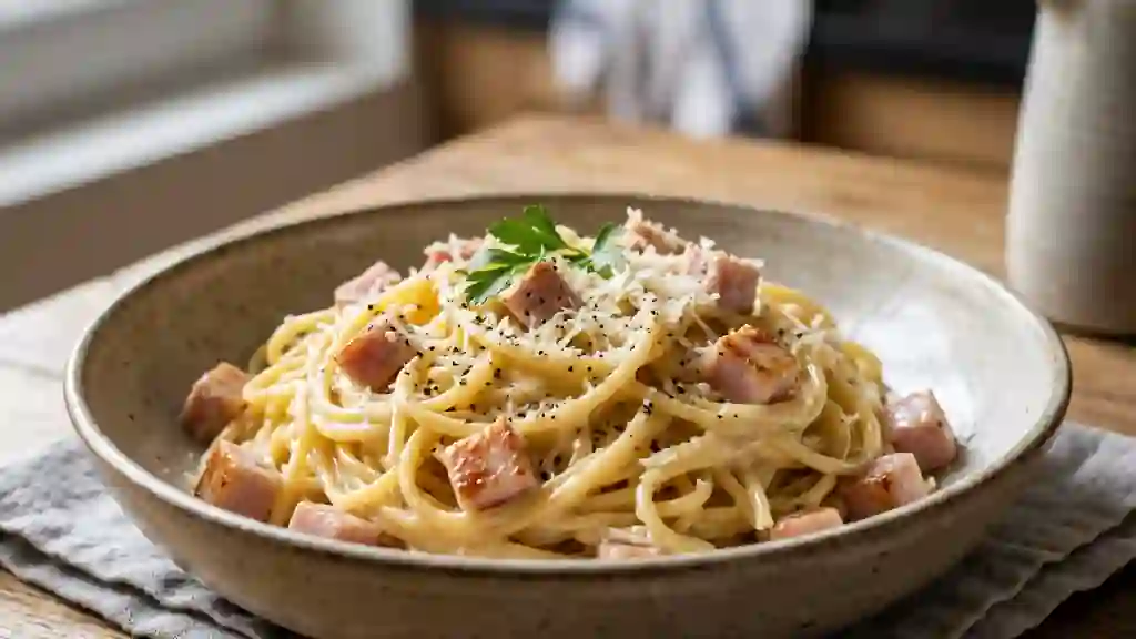 Spaghetti Carbonara Onctueux au Jambon - Photo de présentation