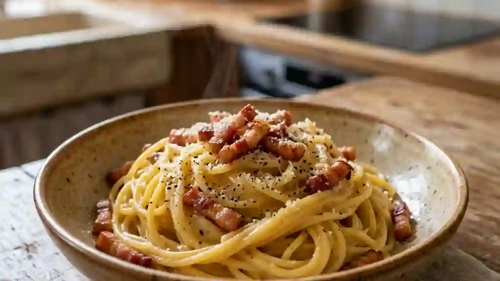 Spaghetti carbonara crémeuses au pecorino - Photo de présentation