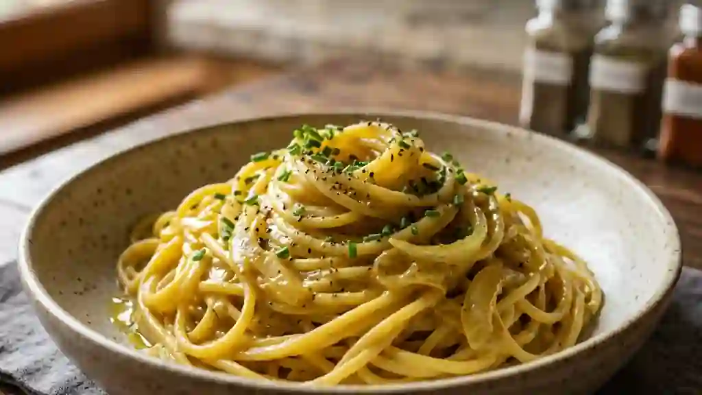 Spaghetti onctueux au curry et oignons fondants - Photo de présentation