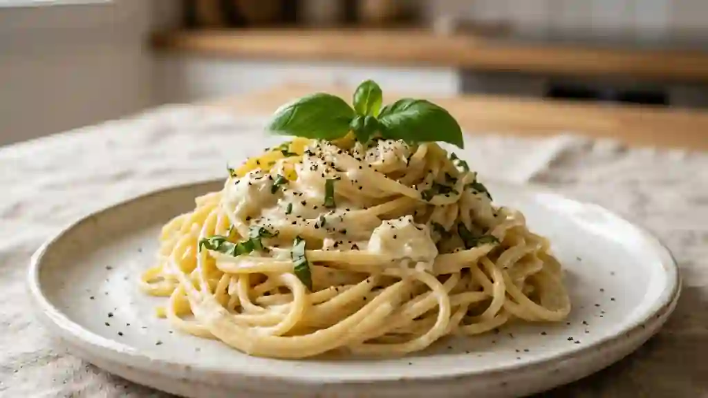 Spaghetti crémeux au chèvre et basilic frais - Photo de présentation