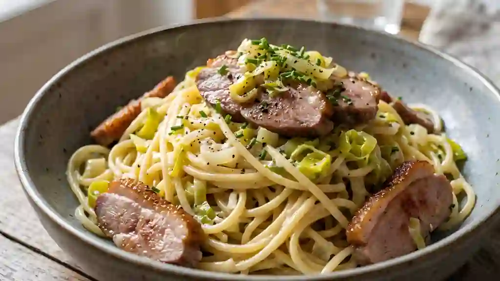 Spaghetti crémeux au magret et poireaux - Photo de présentation