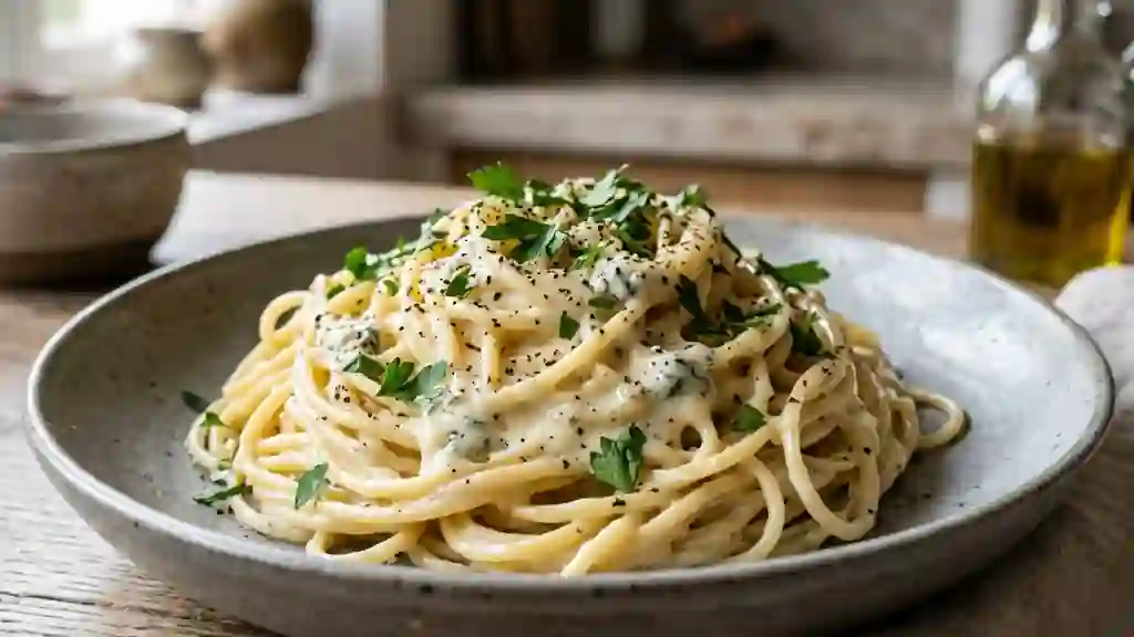 Spaghetti crémeux au Roquefort et Ail - Photo de présentation