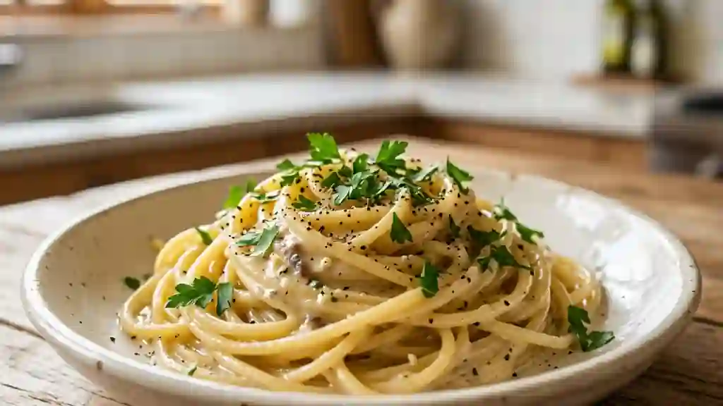 Spaghetti crémeux aux anchois et à l'ail - Photo de présentation