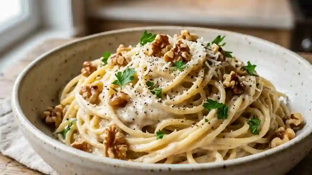 Spaghetti crémeux aux noix torréfiées - Photo de présentation