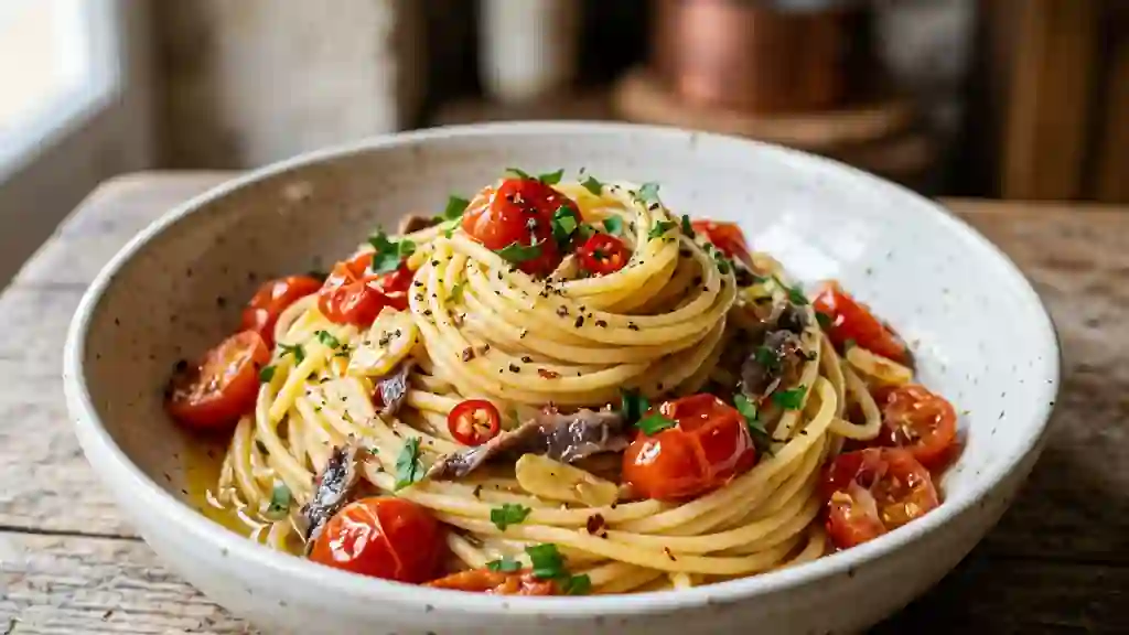 Spaghetti pimentés aux anchois et tomates - Photo de présentation
