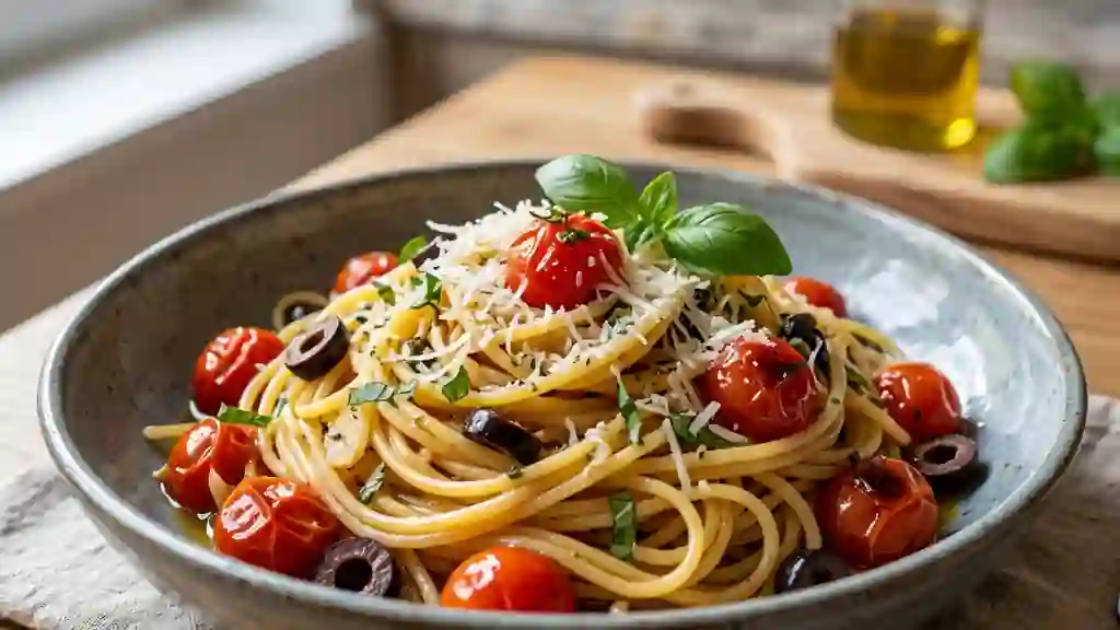 Spaghetti ensoleillés ail et basilic frais - Photo de présentation
