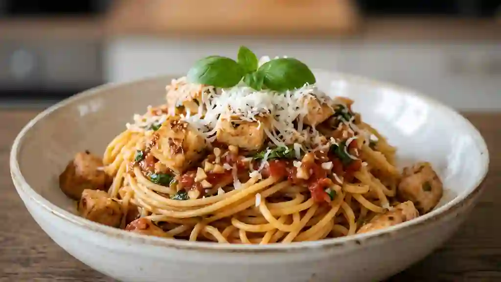 Spaghetti fondants au poulet et parmesan - Photo de présentation