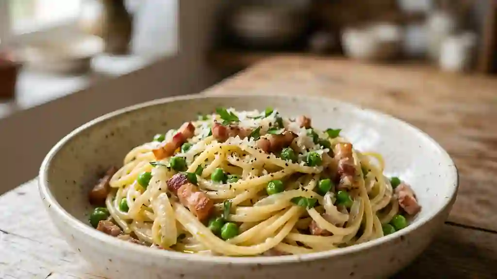Spaghetti, lardons fumés et petits pois - Photo de présentation