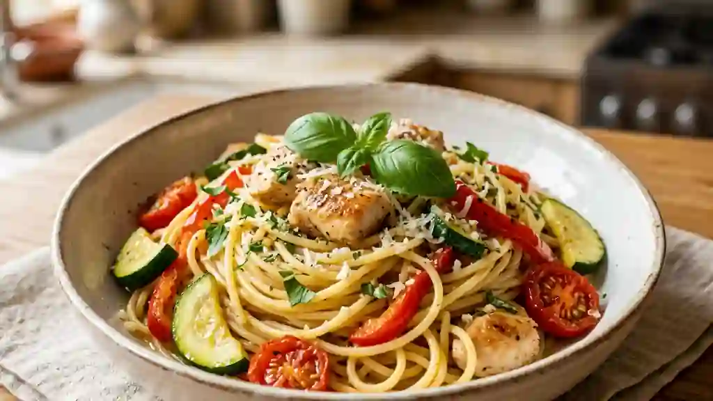 Spaghetti Primavera au Poulet Saisi et Basilic - Photo de présentation