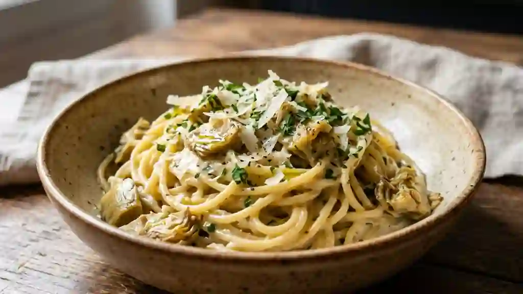 Spaghetti crémeux aux cœurs d'artichauts - Photo de présentation