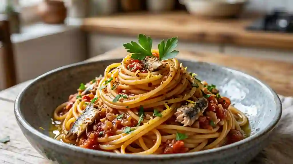 Spaghettis aux sardines et piment d'Espelette - Photo de présentation