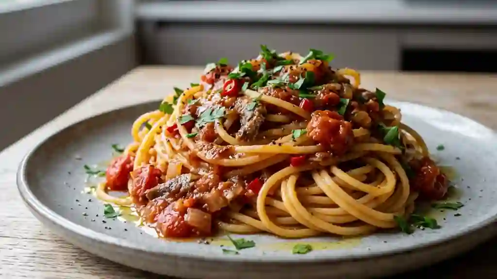 Spaghetti pimentés aux anchois fondants - Photo de présentation
