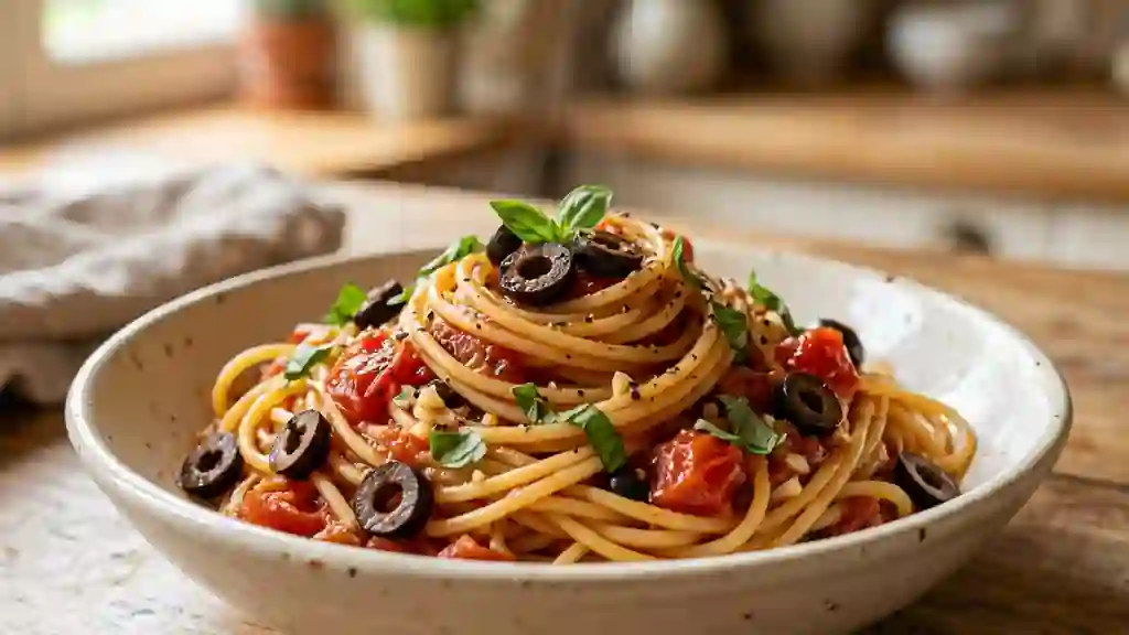 Spaghetti aux Tomates Acidulées et Olives Noires - Photo de présentation