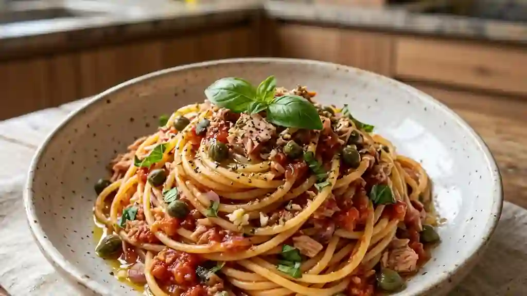 Spaghetti thon, câpres et tomate acidulée - Photo de présentation