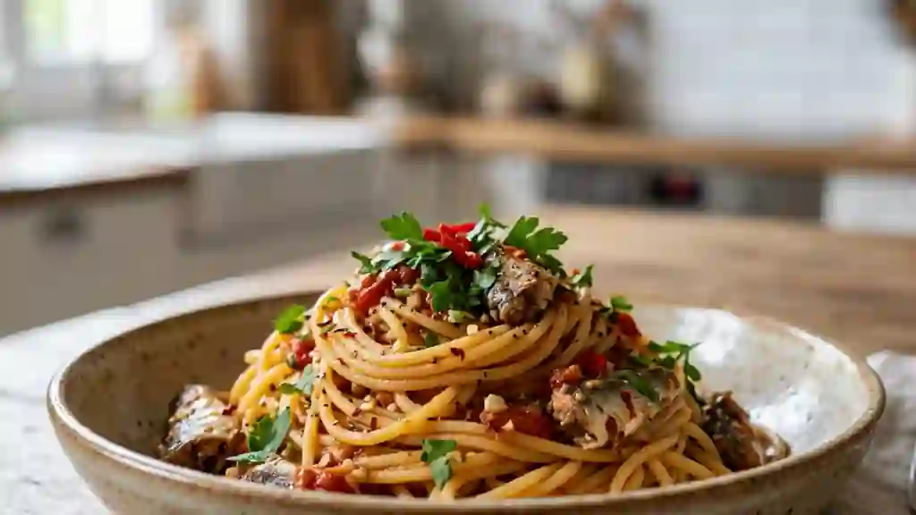 Spaghettini pimentés aux sardines fondantes - Photo de présentation