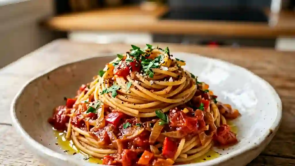 Spaghettis Alicante aux poivrons confits - Photo de présentation