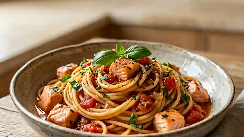 Spaghettis au saumon fondant et tomates fraîches - Photo de présentation