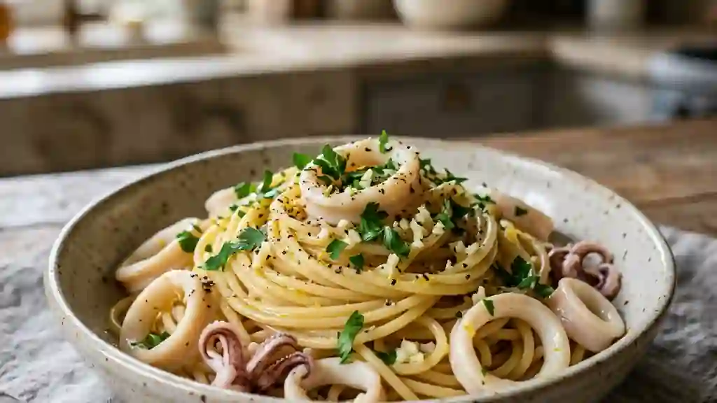 Spaghettis aux calamars, ail et persillade - Photo de présentation