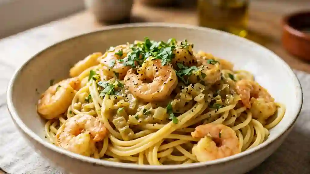 Spaghettis Crémeux Crevettes et Curry - Photo de présentation