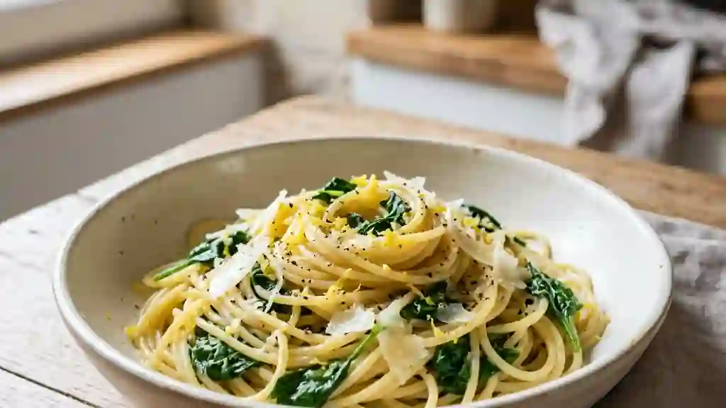 Spaghettis zestés aux épinards frais - Photo de présentation
